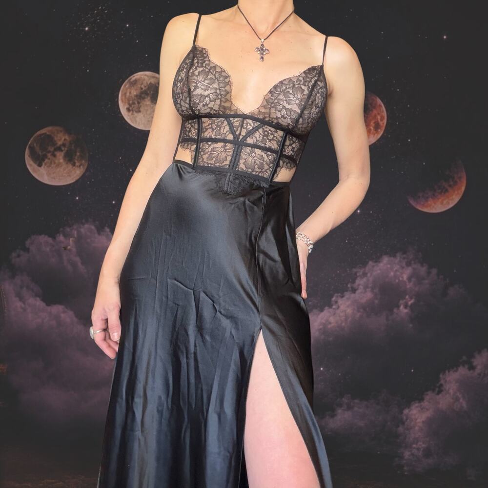 Victoria’s Secret Black Lace Satin Slip Dress Dark Romantic Gothic Boudoir